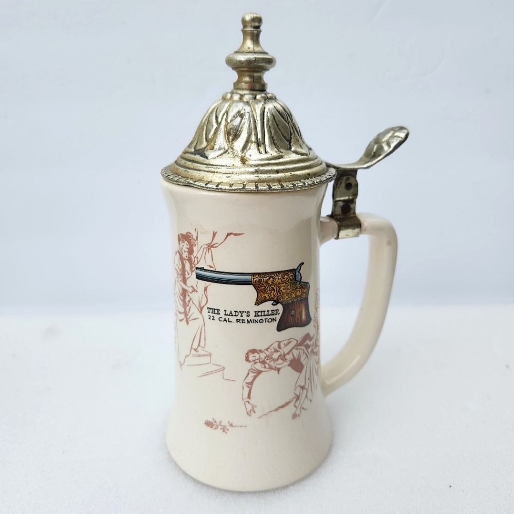 Vintage THE LADY'S KILLER 22 CALIBER REMINGTON Beer Stein with Pewter Lid